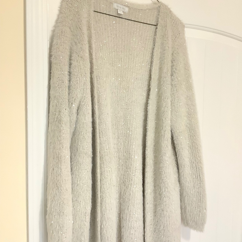 Long heavy knit cardigan sweater shimmery creamy white  XL